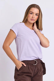 Model Genericm wearing size sample of the Elements Manly Cotton Vee Tee – Pastellila in colour Pastellila, in a cropped view