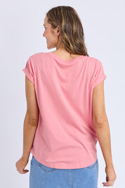 A model wearing the Elements Manly Cotton Vee Tee in colour Rosepink (Pink), from the back