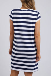 A model wearing the Elements Signature Tee Dress in colour Sapstripe (Blue), from the back