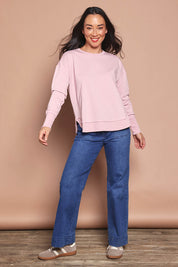 Model Katie wearing size 8 of the Elements Farrah Cotton Long Sleeve in colour Blossompin (White), from the front, showing the whole outfit