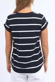 A model wearing the Elements Manly Stripe Vee Cotton Tee in colour Dksappwhit (Blue), from the back
