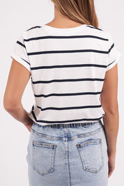 A model wearing the Elements Manly Stripe Vee Cotton Tee in colour Whitenavy (White), from the back