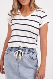 A model wearing the Elements Manly Stripe Vee Cotton Tee in colour Whitenavy (White), from the front, cropped image