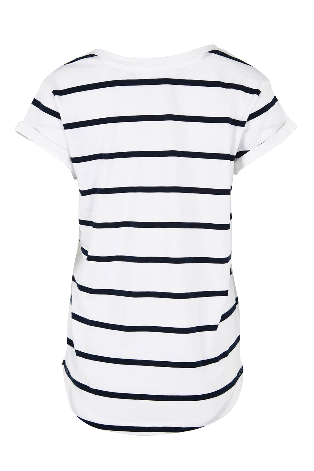 Product shot of the Elements Manly Stripe Vee Cotton Tee in colour Whitenavy (White), from the back