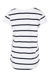 Product shot of the Elements Manly Stripe Vee Cotton Tee in colour Whitenavy (White), from the back