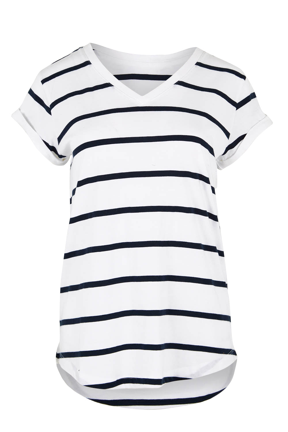 Product shot of the Elements Manly Stripe Vee Cotton Tee in colour Whitenavy (White), from the front