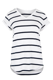 Product shot of the Elements Manly Stripe Vee Cotton Tee in colour Whitenavy (White), from the front