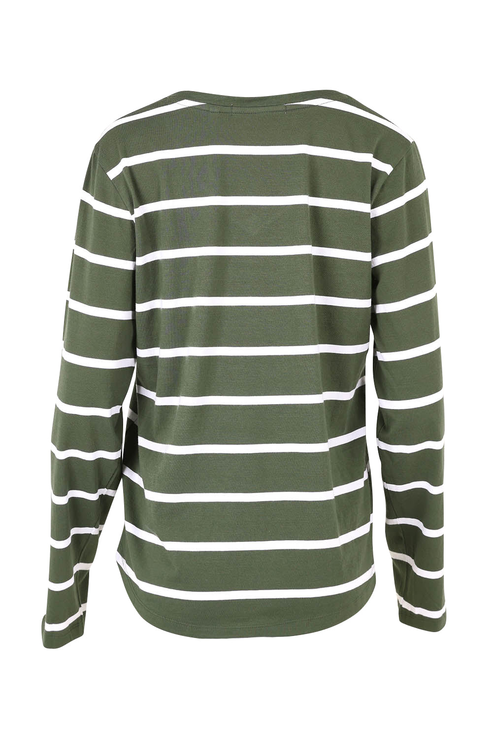 Product shot of the Elements Manly Vee Stripe Cotton Long Sleeve in colour Khakiwhit (Green), from the back