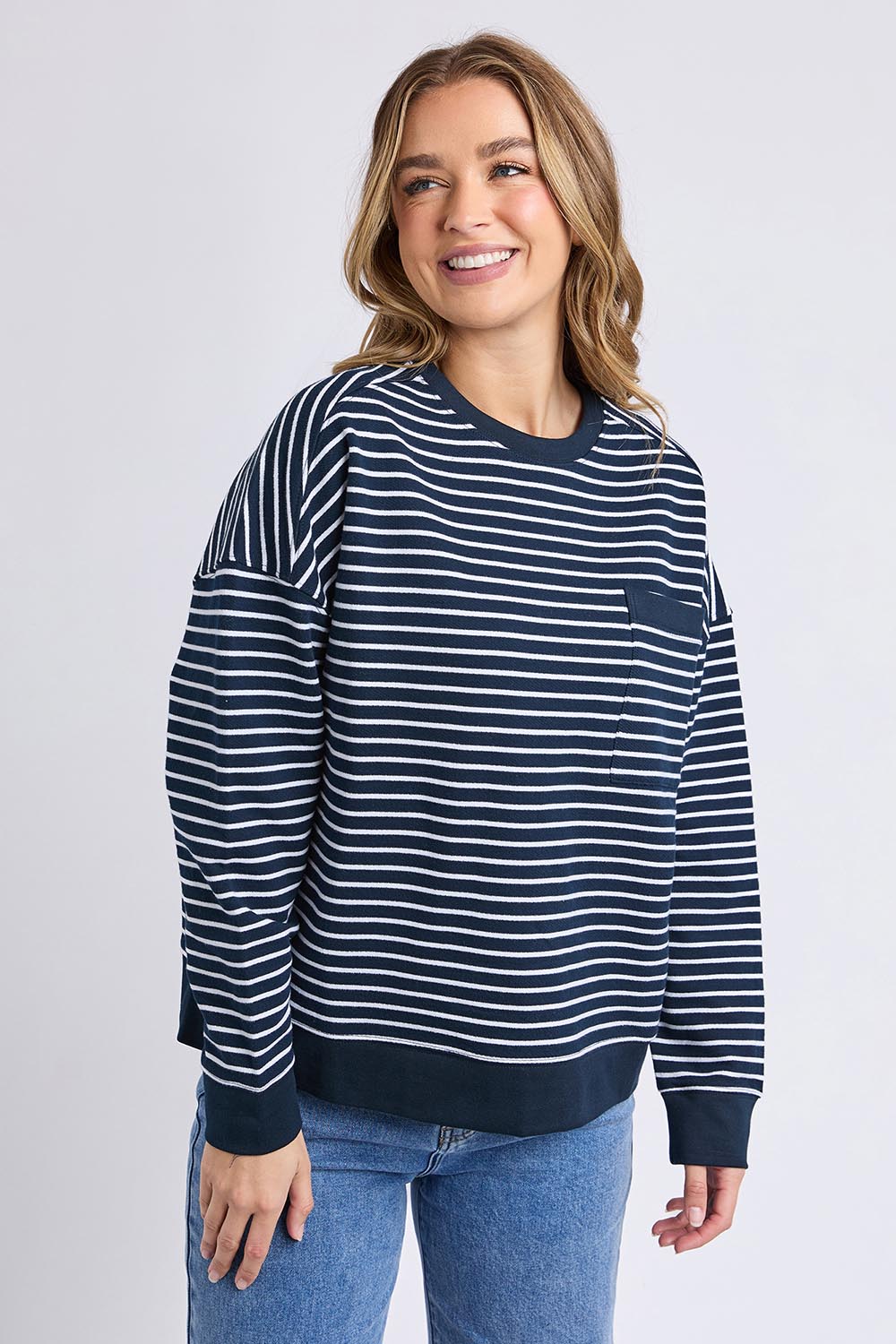 A model wearing the Elements Original Stripe Crew in colour Navywhite (Blue), from the front, cropped image
