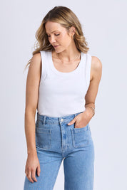 Model Genericm wearing size sample of the Elements Iris Rib Cotton Tank – White in colour White, in a cropped view