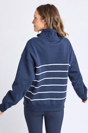 A model wearing the Elements Cotton College Zip Crew in colour Navystripe (Blue), from the back