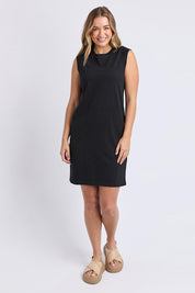 A model wearing the Elements Reform Cotton Dress in colour Black (Black), from the front, showing the whole outfit