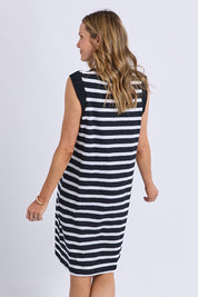 A model wearing the Elements Reform Stripe Cotton Dress in colour Blackwhite (Black), from the back