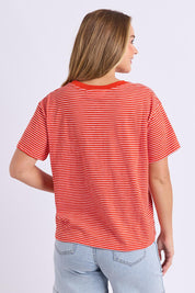 Model Genericm wearing size sample of the Elements Hutch Stripe Cotton Tee – Grenadine in colour Grenadine, from the back