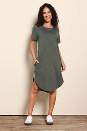 Model Pamelar wearing size 10 of the Elements Bay Tape Cotton Tee Dress - Khaki in colour Khaki, from the front