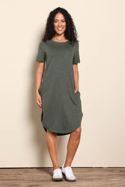 Model Pamelar wearing size 10 of the Elements Bay Tape Cotton Tee Dress - Khaki in colour Khaki, from the front