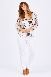 Model Laura wearing size 12 of the Dream Big Blouse in colour DreamBigBl (Pink), from the front, showing the whole outfit