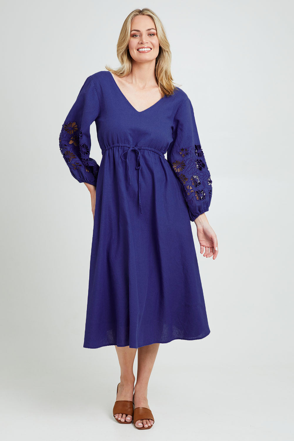 Model Grace wearing size 10 of the Our Love Linen Dress in colour Cobalt (Blue), from the front, showing the whole outfit