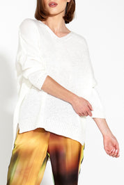 A model wearing the Splendour Oversized Knit in colour Cream (White), from the front, cropped image