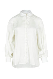 Product shot of the Berry Kiss Linen Tencel Blend Blouse in colour Ivory (White), from the front