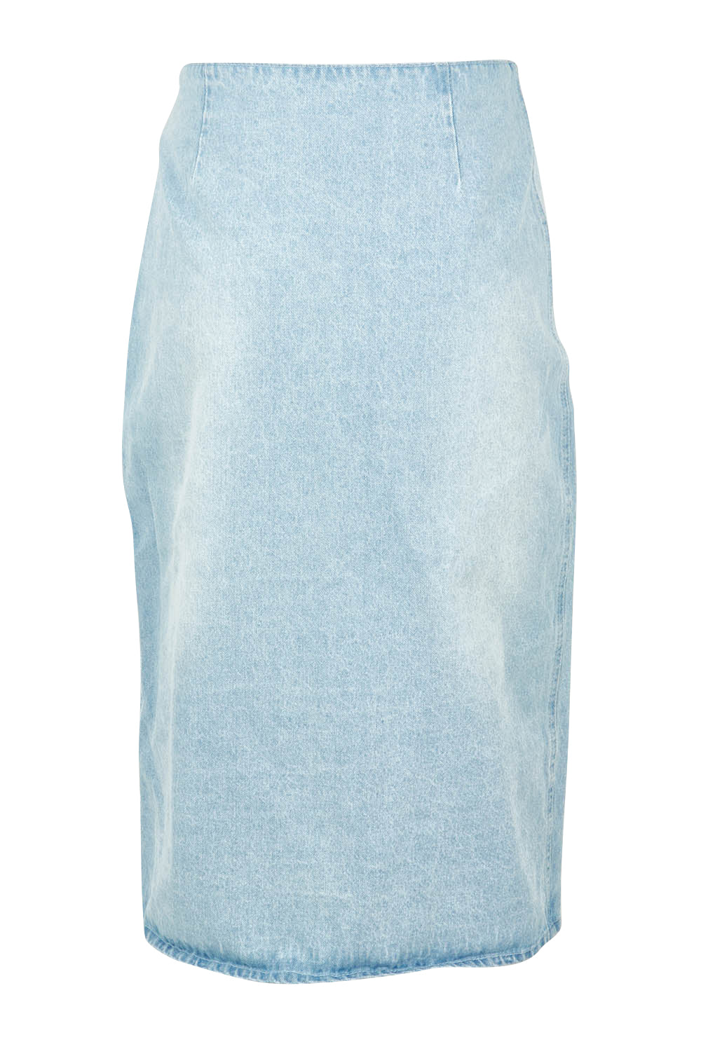 Product shot of the Flight Denim Wrap Skirt in colour Wash (Blue), from the back