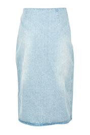 Product shot of the Flight Denim Wrap Skirt in colour Wash (Blue), from the back