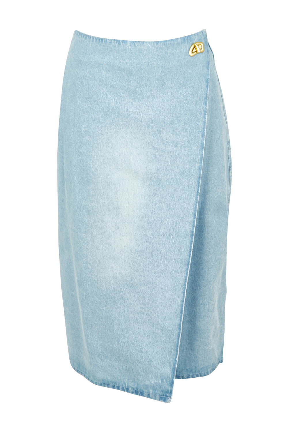 Product shot of the Flight Denim Wrap Skirt in colour Wash (Blue), from the front