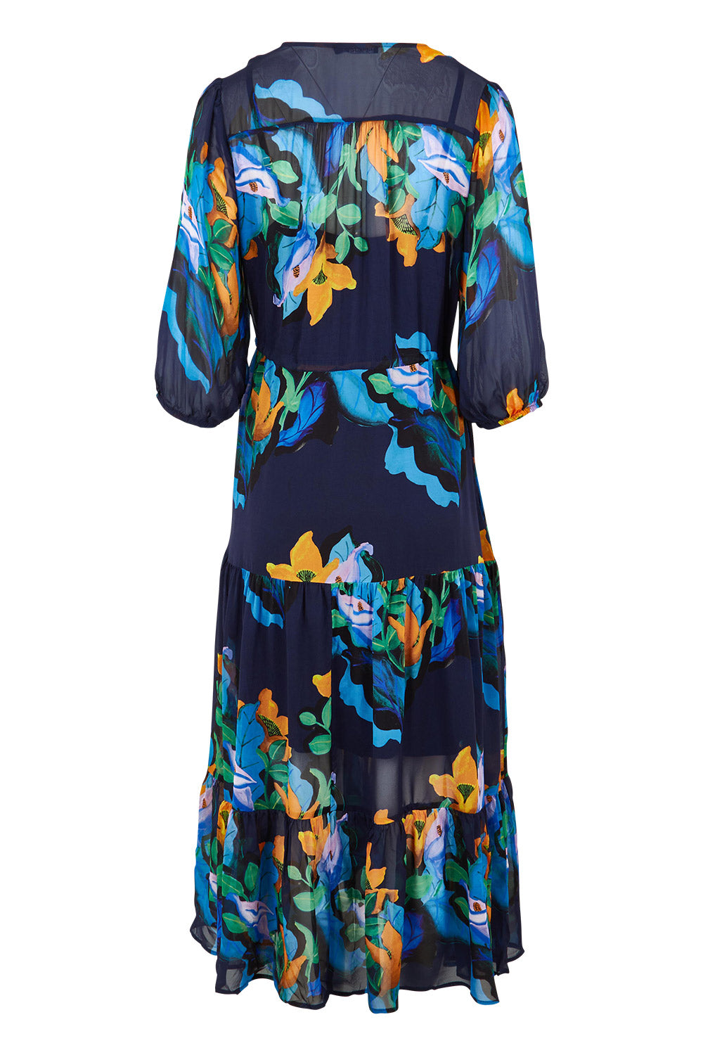 Product shot of the Twilight Dress in colour Navyfloral (Blue), from the back