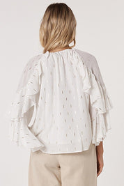 A model wearing the Delia Ruffle Top in colour White (White), from the back