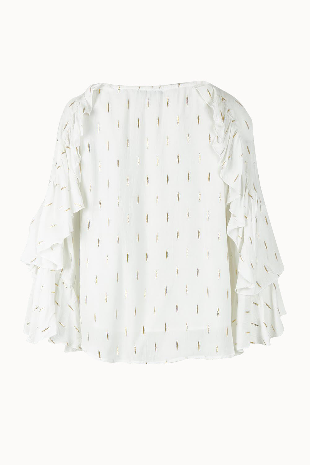 Product shot of the Delia Ruffle Top in colour White (White), from the back