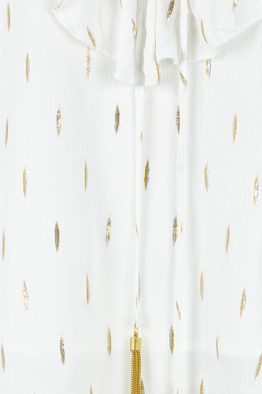 Product shot of the Delia Ruffle Top in colour White (White), detail