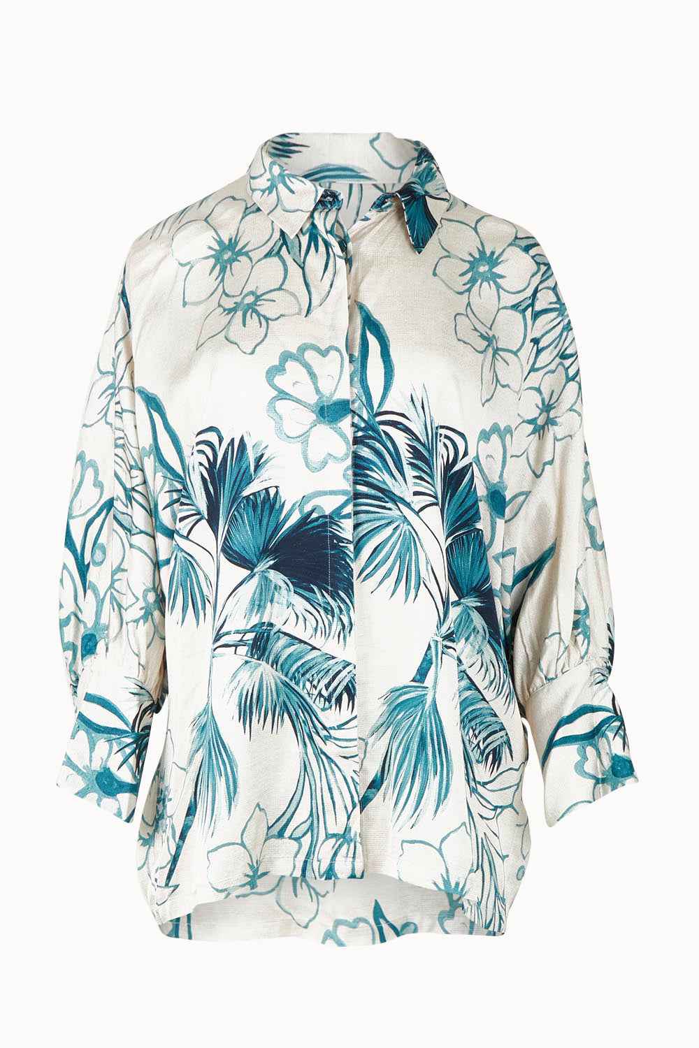 Product shot of the Solstice Palms Shirt in colour Palm (Blue), from the front