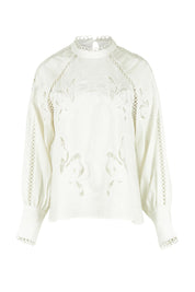 Product shot of the Aven Embroidered Linen Blend Blouse in colour White (White), from the front