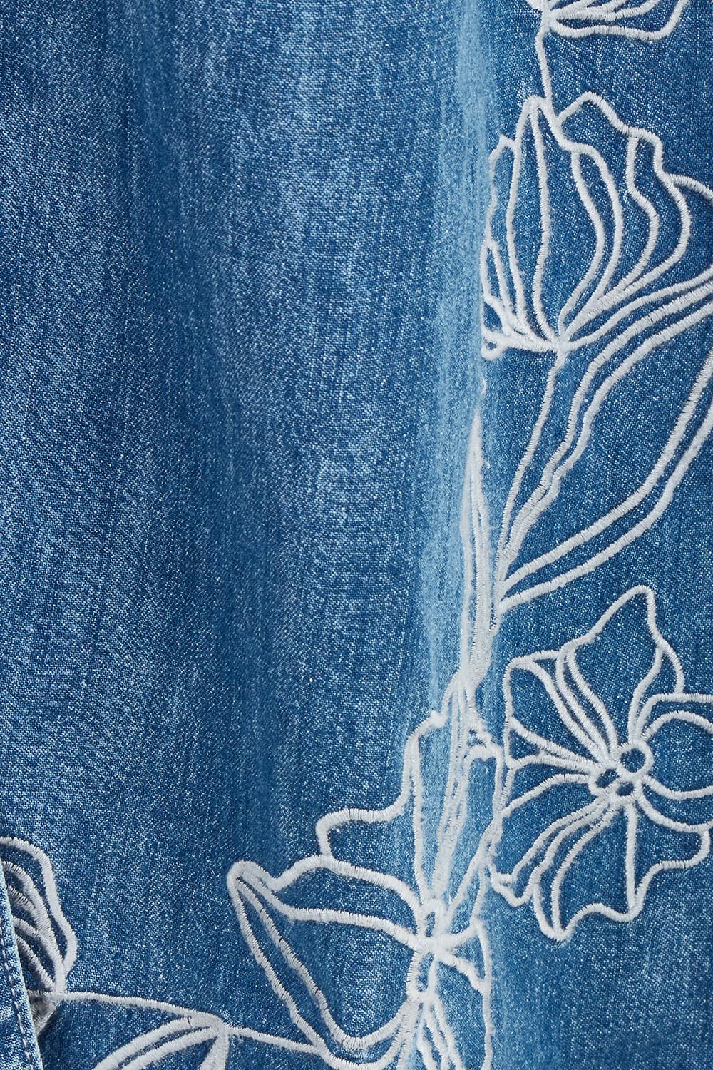 Product shot of the Sloane Embroidered Denim Dress in colour Midblue (Blue), detail