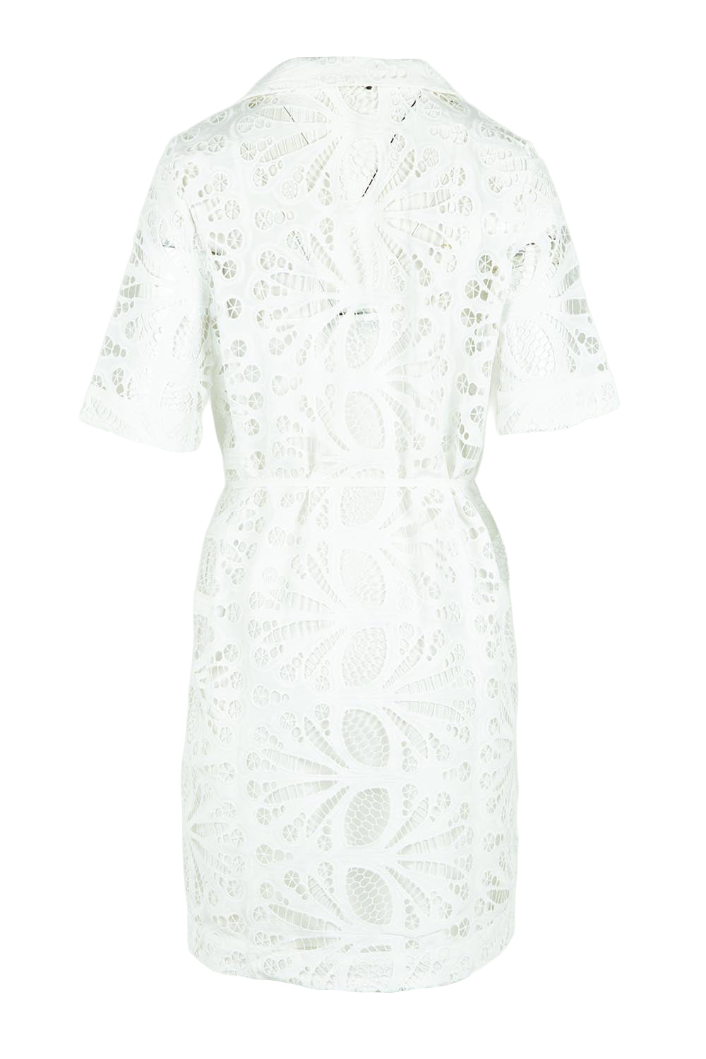 Product shot of the Elara Broderie Shirt Dress in colour Ivory (White), from the back