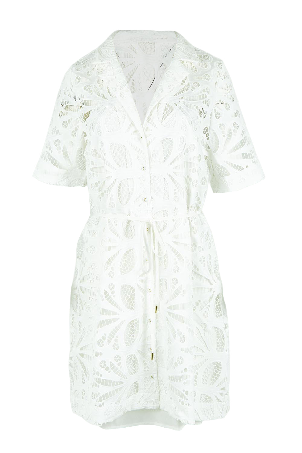 Product shot of the Elara Broderie Shirt Dress in colour Ivory (White), from the front
