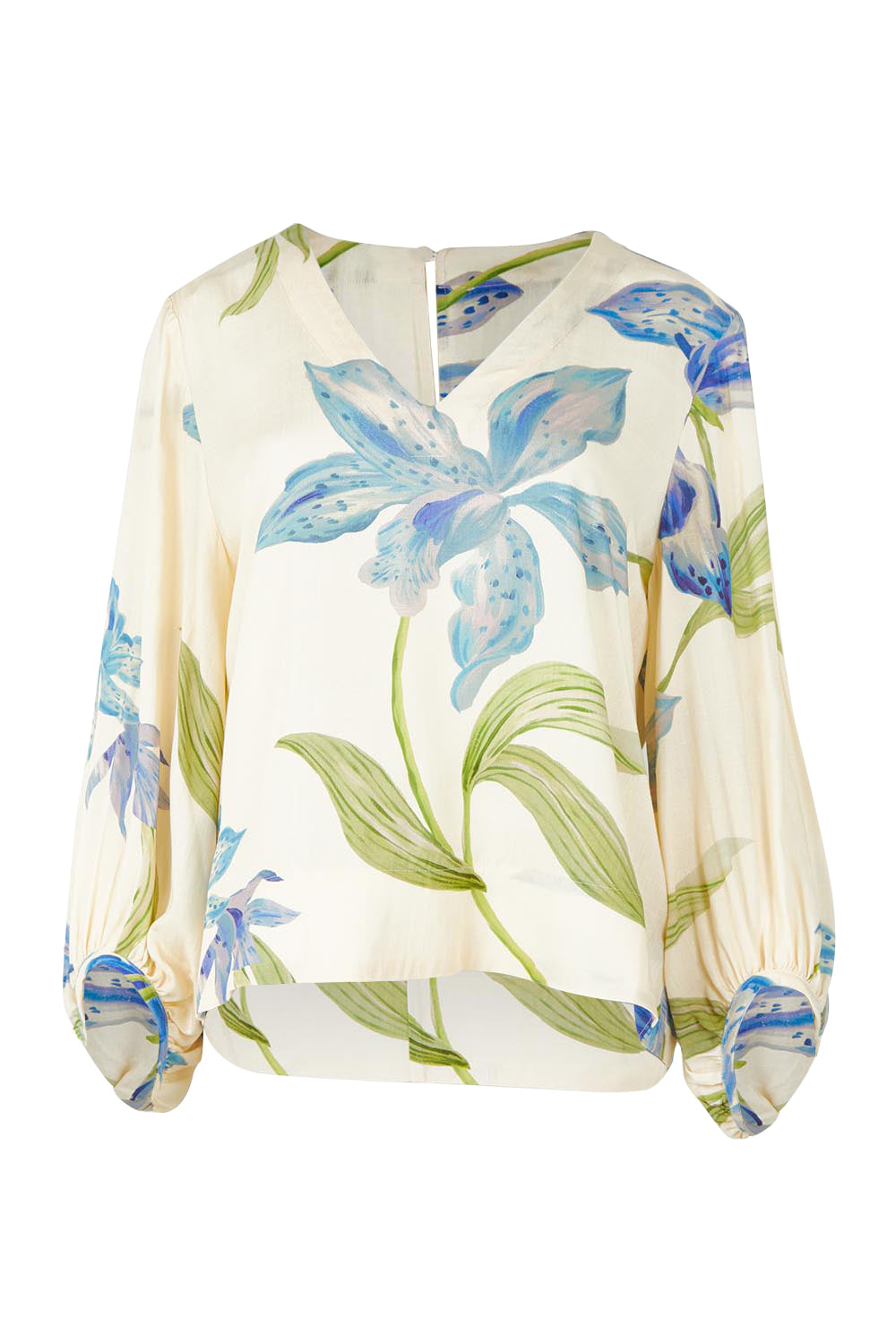 Product shot of the Anthea Linen Blend Blouse in colour Floral (White), from the front