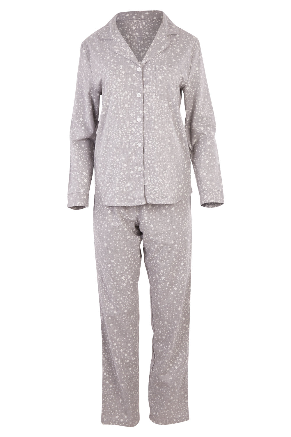 Product shot of the Phoebe Brushed Cotton Star Pj Set in colour Grey (Grey), from the front