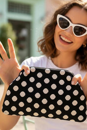Product shot of the Bondi Spot Clutch - Blackwhite in colour Blackwhite, from the front
