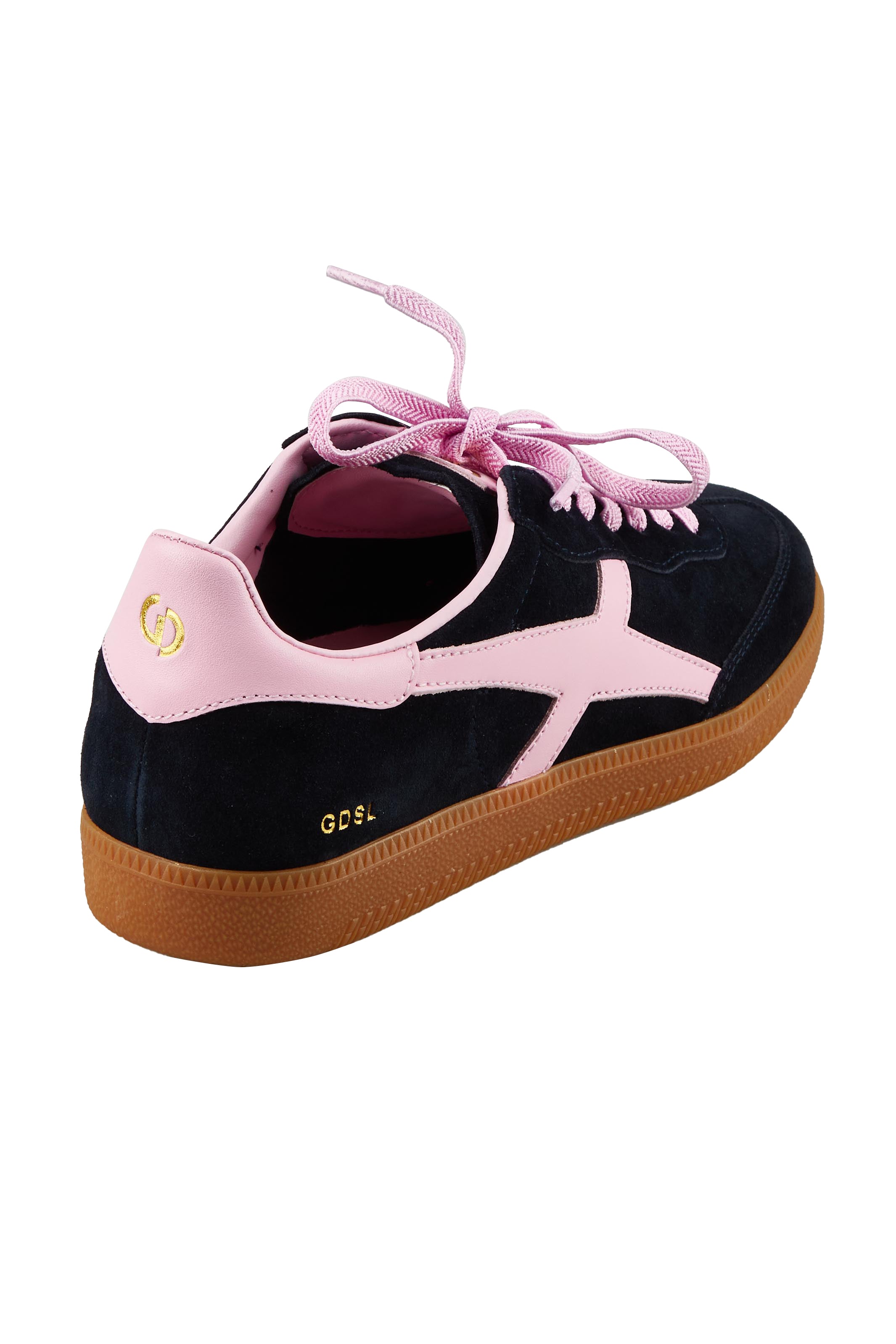 Product shot of the 2001 Crossroads Suede Sneaker in colour Navypink (Blue), from the back