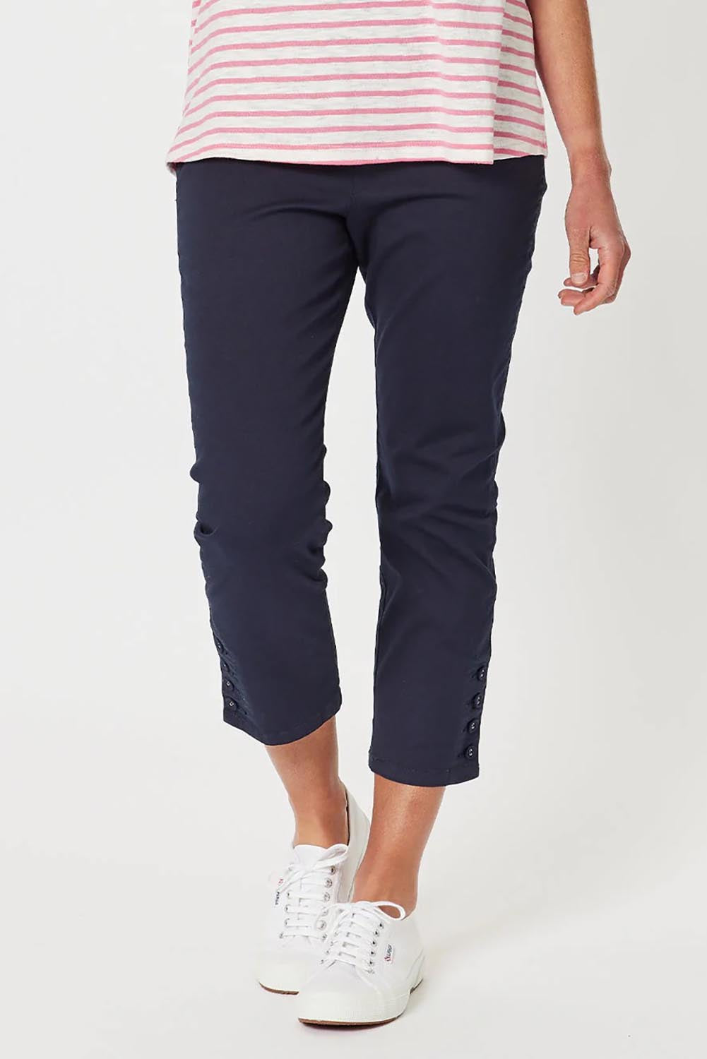 A model wearing the Cotton Twill Pant in colour Navy (Blue), from the front, cropped image
