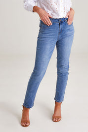 Model Emma wearing size 10 of the Marvel Jean in colour Denim (Blue), from the front, cropped image