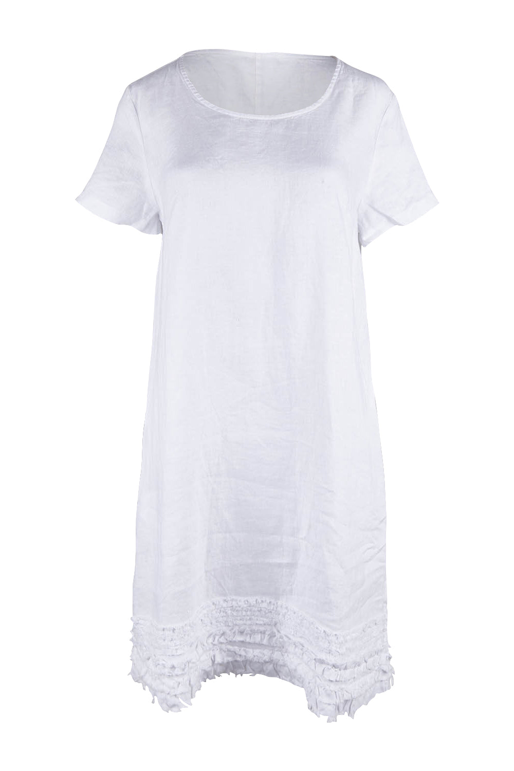 Product shot of the Frilled Hem Linen Dress in colour White (White), from the front
