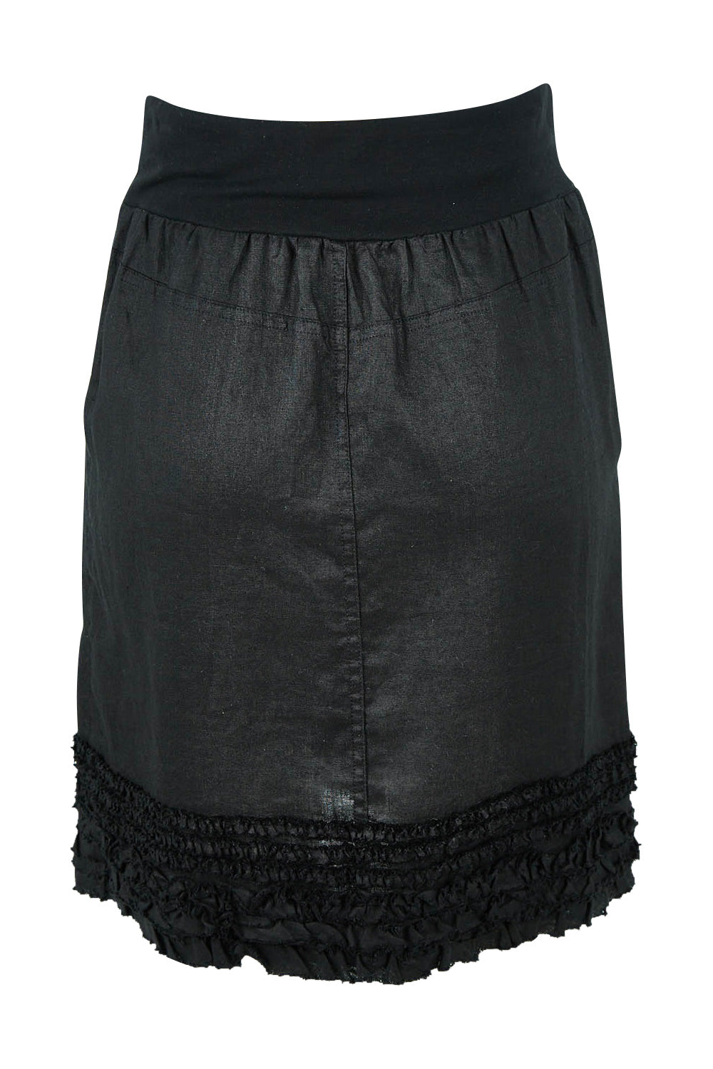 Product shot of the Frill Hem Pull On Linen Skirt in colour Black (Black), from the back