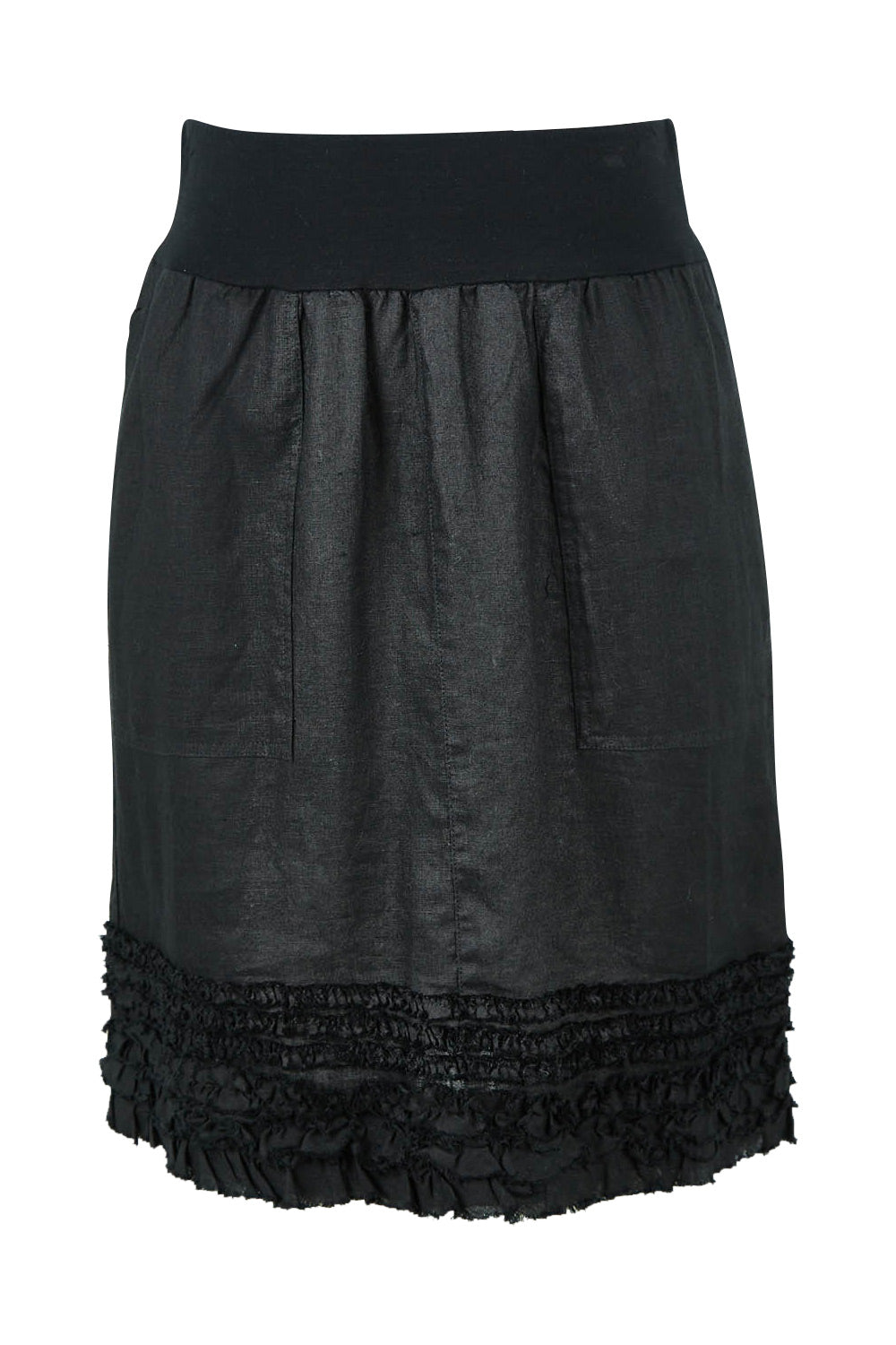 Product shot of the Frill Hem Pull On Linen Skirt in colour Black (Black), from the front