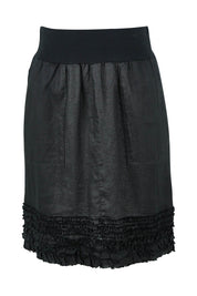Product shot of the Frill Hem Pull On Linen Skirt in colour Black (Black), from the front
