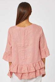 Model Cara wearing size 10 of the Frilled Hem Top in colour Rose (Pink), from the back