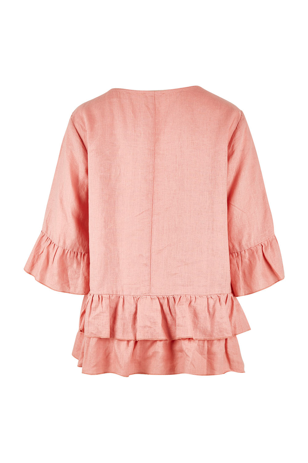 Product shot of the Frilled Hem Top in colour Rose (Pink), from the back