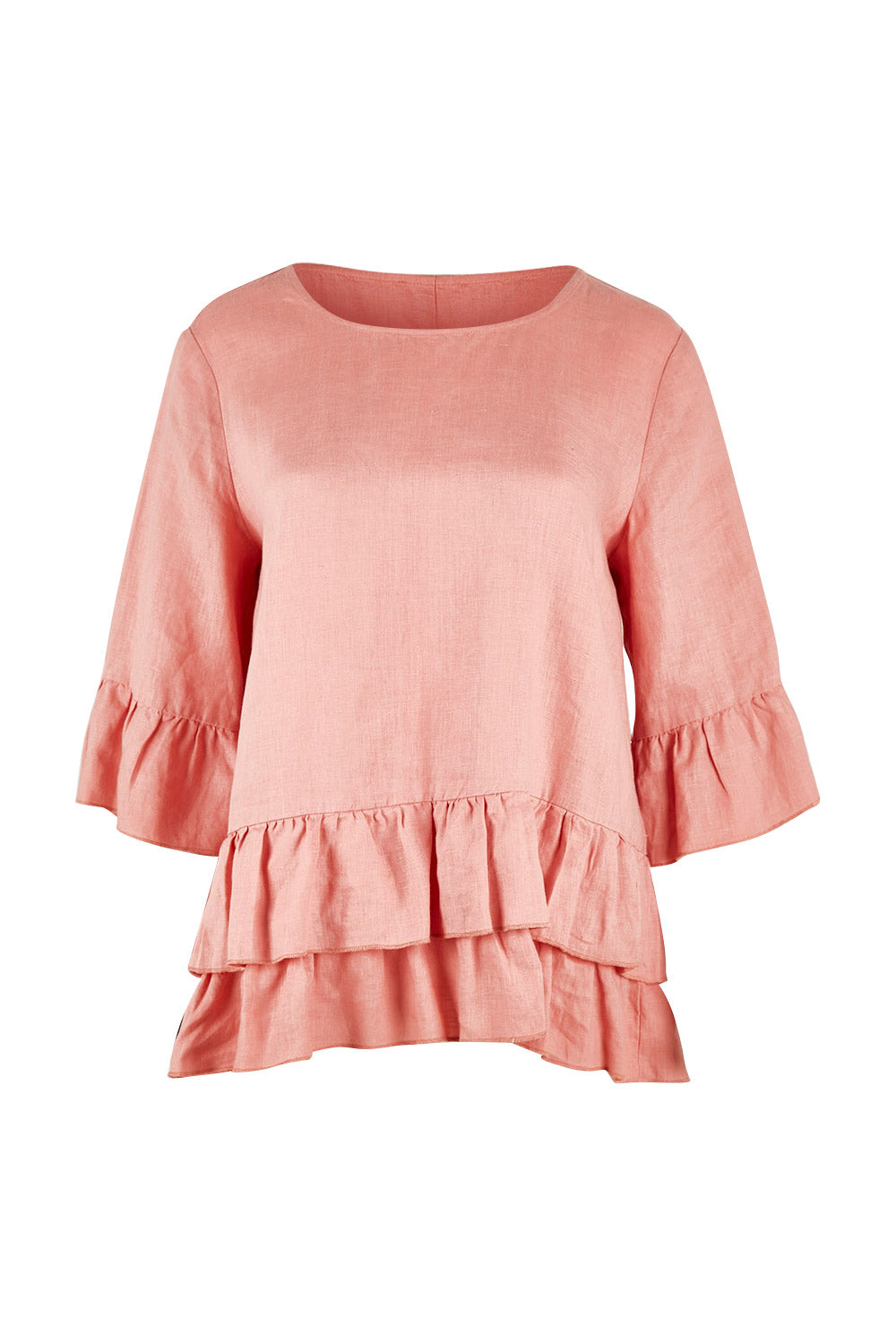Product shot of the Frilled Hem Top in colour Rose (Pink), from the front