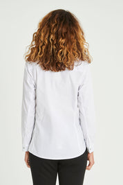 Model Emma wearing size 10 of the Emma Rib Detail Shirt in colour White (White), from the back